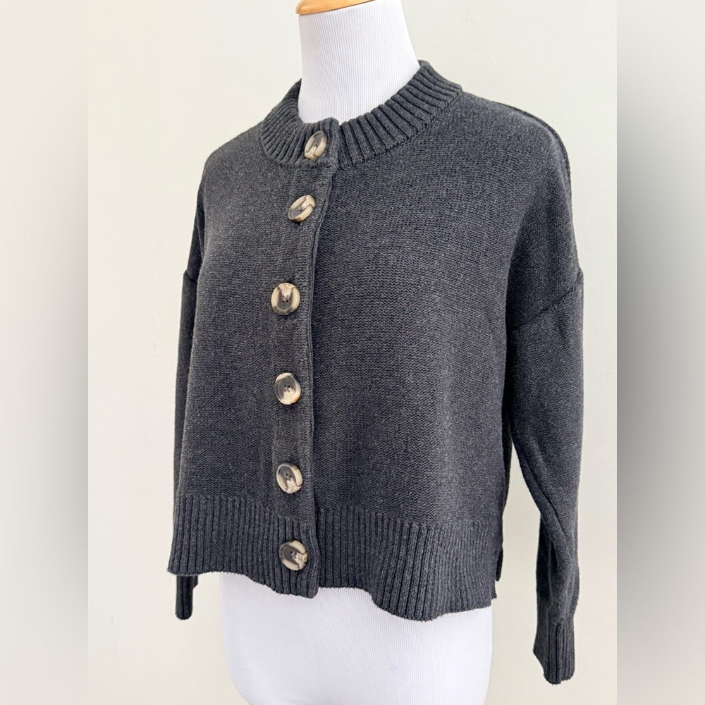 QUINCE || 100% Organic Cotton Charcoal Cropped Cardigan. Sz. S - Picture 6 of 15